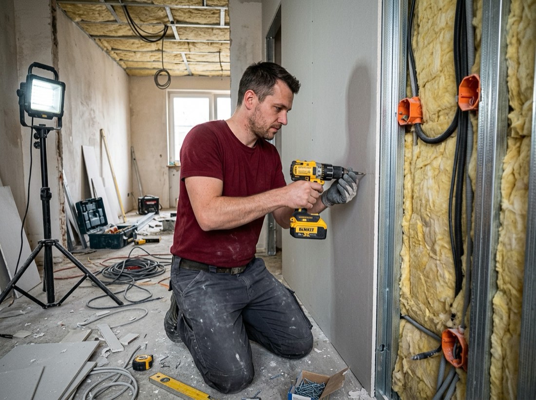 Handwerker verschraubt Trockenbauwand mit Dämmung
